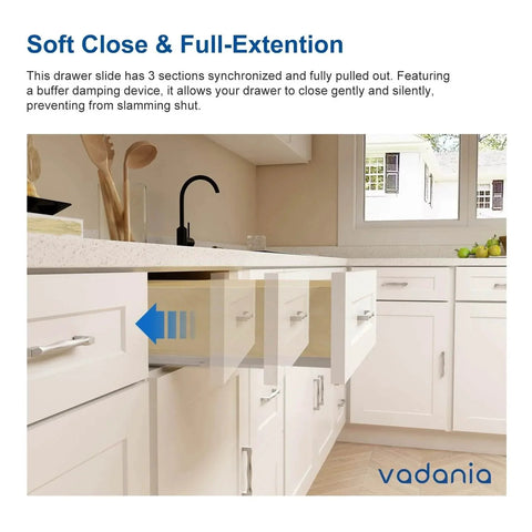 14" Undermount Drawer Slide installed in kitchen cabinet, soft close, bottom mounted & bottom support, 88 lb load capacity