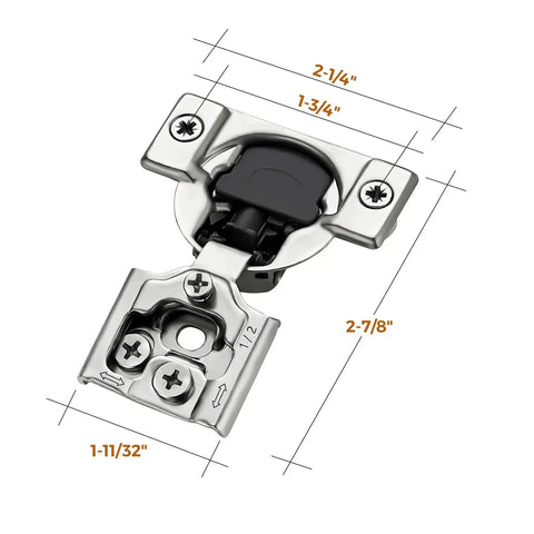 Soft Close Hidden Cabinet Hinges For Kitchen Cabinets Half Inch Overlay 50 Pack 25 Pairs Stainless Steel Satin Nickel Finish Adjustable Easy Install Cabinet Hardware Self-Closing Ravinte with measurements.