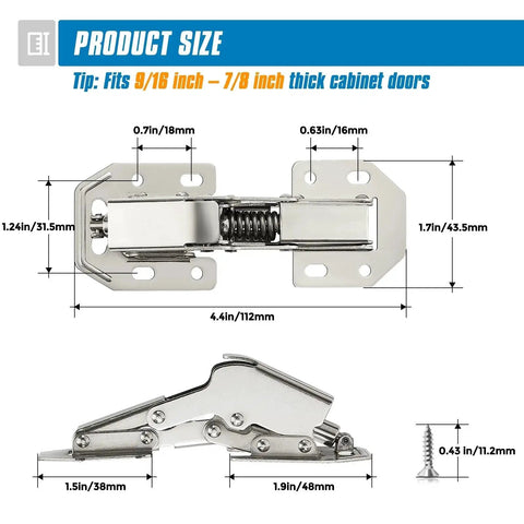 Dimensions of soft-close hidden hinges for kitchen cabinets, 4-pack, heavy duty, easy screw install, no pre-drill, surface mount.