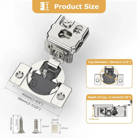 Detailed view of 10 Pack Soft Close Hinges For Face Frame Cabinets One And A Quarter Inch Overlay 105 Degree Opening Concealed Self Closing Stainless Steel Kitchen Cabinet Hardware With 4D Adjustment For Vertical Horizontal Depth And Closing Speed showing dimensions and cup depth.