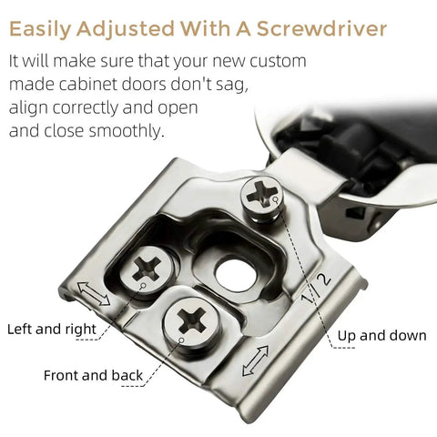 Close-up of adjustable stainless steel hinge with screws for Soft Close Hidden Cabinet Hinges For Kitchen Cabinets Half Inch Overlay 50 Pack 25 Pairs Stainless Steel Satin Nickel Finish Adjustable Easy Install Cabinet Hardware Self-Closing Ravinte.