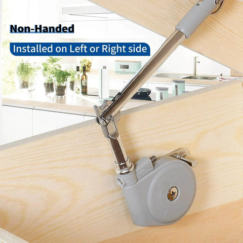 Lid Stay 105 Degree Open with Soft Close on wooden flap door, showing installation flexibility for toy boxes, 2-pack support