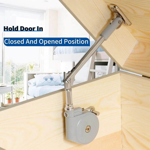 Lid Stay 105 Degree Open with Soft Close installed on wooden toy box, demonstrating upward-opening lid support in closed and open position