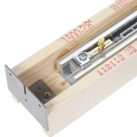 Soft Close Pocket Door Frame Kit for 2x4 Stud Walls 32x80 Inches, showing corner detail with steel track and wood frame for easy assembly.