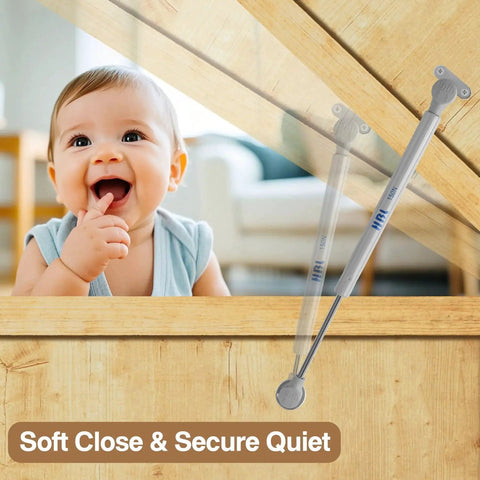 Two Pack Soft Close Toy Box Hinges With 150N Gas Strut displayed next to smiling baby for safe toy chest lid closure