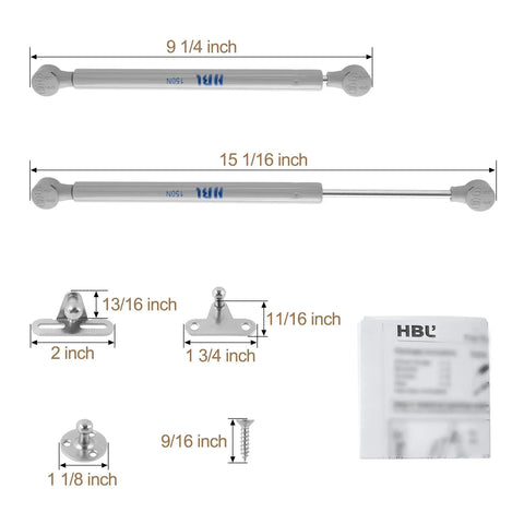 Two Pack Soft Close Toy Box Hinges With 150N Gas Strut and installation kit shown with measurements.
