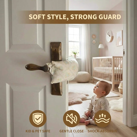 Soft Fabric Door Stopper For Handles With Floral Design Keeps Doors From Slamming And Pinching Fingers Quiet Door Silencer Kid And Pet Safe Farmhouse Style Home Decor installed on a door handle in a nursery room with baby on floor.