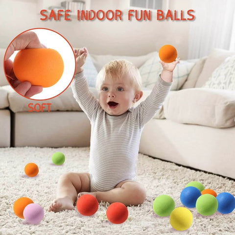 12 Pieces Soft Foam Balls Lightweight Mini Play Balls for Safe Indoor Toys with baby playing on carpet, vibrant assorted colors.