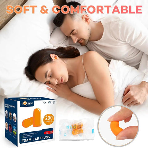 Soft Foam Ear Plugs For Sleeping And Travel, 200 Pairs With 32dB NRR, couple sleeping with ear plugs and product packaging