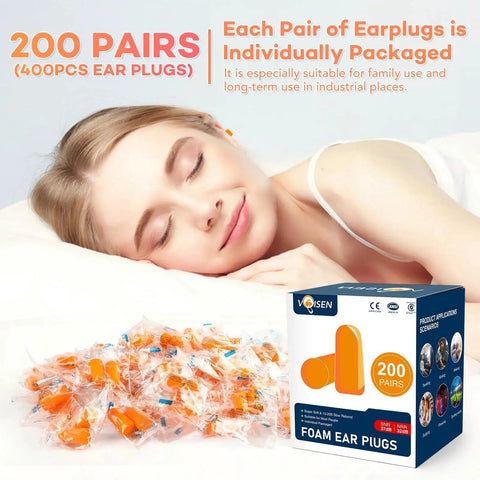 Soft Foam Ear Plugs For Sleeping And Travel, 200 Pairs With 32dB NRR And 37dB SNR Noise Reduction, woman sleeping with ear plugs