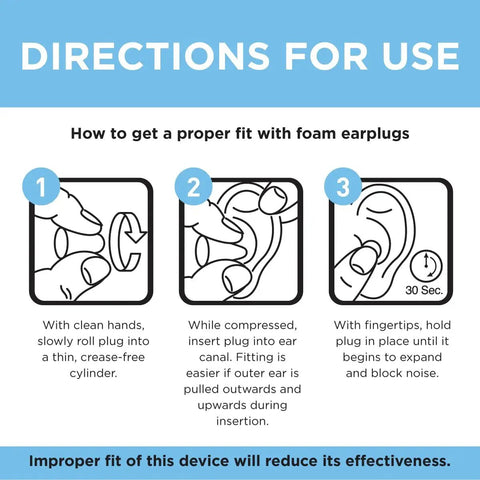 Instructions for fitting Soft Foam Noise Canceling Earplugs For Concerts And Sleep, 33 dB Hearing Protection