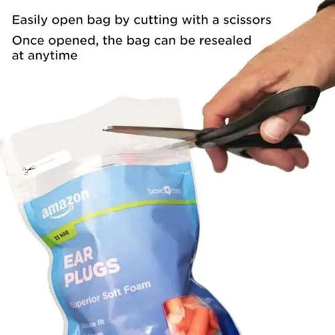 Opening resealable bag of Soft Foam Noise Canceling Earplugs For Concerts And Sleep, 33 dB Hearing Protection, with scissors