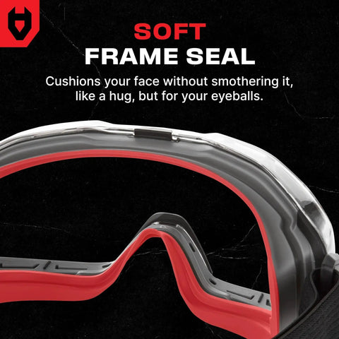 Close-up of Over Glasses Safety Goggles Anti Fog ANSI Z87.1 showing soft frame seal and red gasket for comfort.