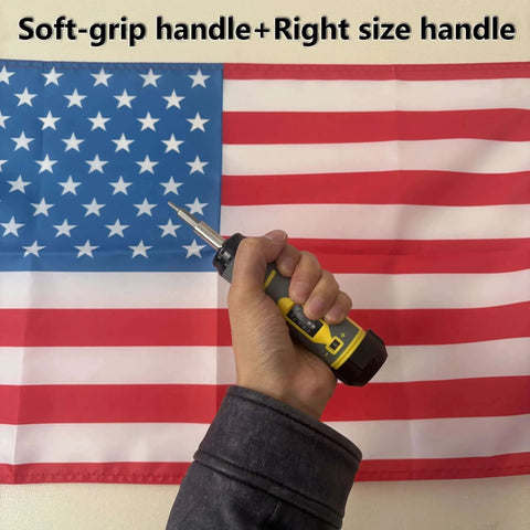 Hand holding torque screwdriver wrench set with soft-grip handle in front of American flag