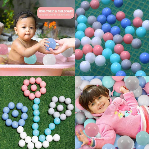 Collage of kids playing with 50 Balls Soft Plastic Ball Pit Balls for Kids, featuring colorful balls in kiddie pool and on grass