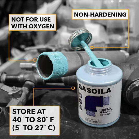 Soft Set Pipe Thread Sealant For Metal And Plastic Non Hardened Paste With Brush Cap Quarter Pint by Gasoila in use on pipes.