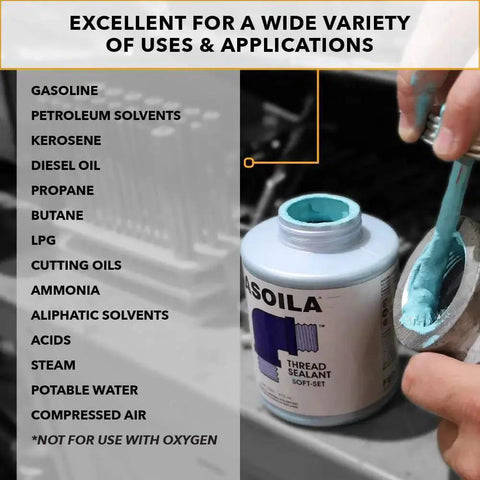 Soft-Set Pipe Thread Sealant For Metal And Plastic, Non-Hardening Paste That Prevents Leaks, 2 Oz Tube shown with use list