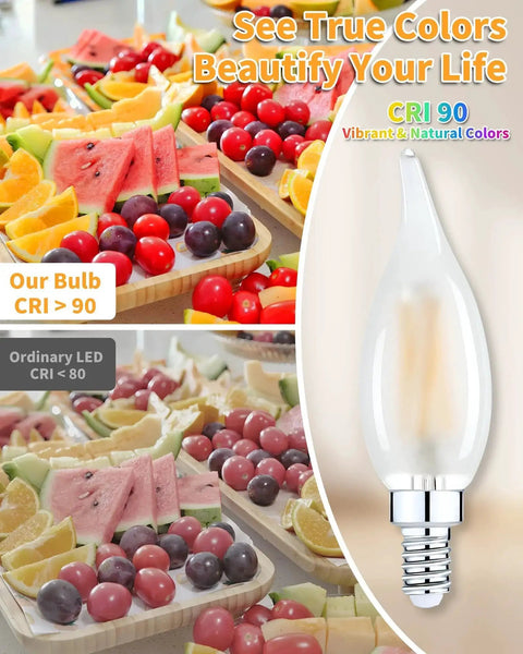 Soft White 2700K Dimmable E12 LED Bulbs 60W Equivalent Frosted Glass For Chandeliers CRI 90 vibrant color comparison image