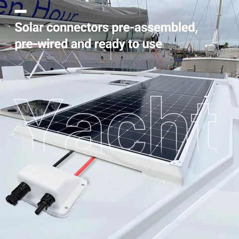 No-Fuss Solar Cable Entry Gland With IP68 UV-Resistant Dual Cable Housing installed on yacht with solar panel.
