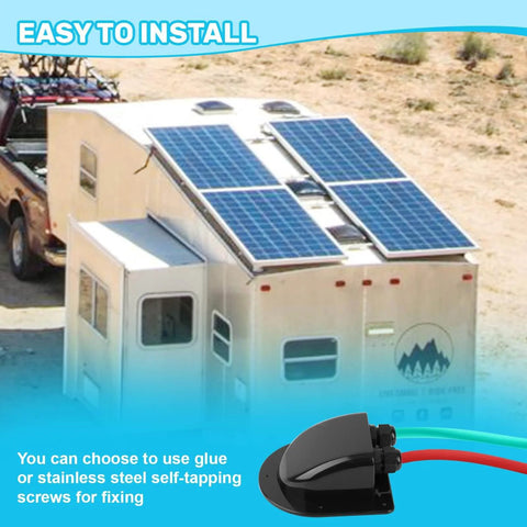 Waterproof ABS Dual Cable Entry Gland Box installed on RV roof with solar panels, showing black moisture-resistant protection shell.