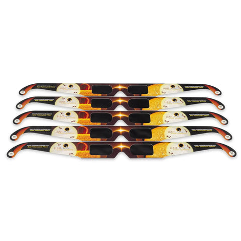 Pack of 6 colorful AAS Approved ISO and CE Solar Eclipse Glasses for 2026 Total Eclipse in Spain, arranged horizontally.