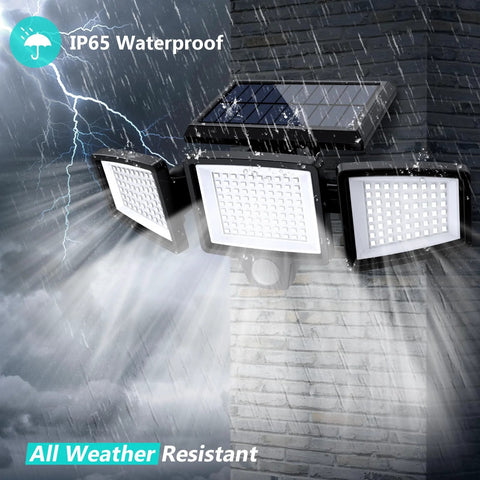 Solar Outdoor Security Lights With Remote Control 2500LM 210 LED Three Head Motion Sensor Flood Lights IP65 Waterproof during rain