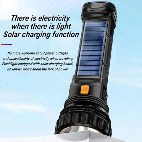 Solar Rechargeable Multi Function 1000 Lumens LED Flashlight With Emergency Strobe Light And 1200mAh Battery Portable Power Bank USB Charging Cable Fast Charging IPX5 Outdoor Camping Boating Home Emergency showing solar panel feature.