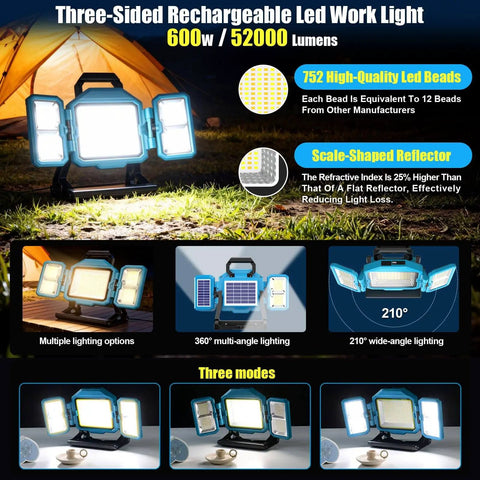 Three-Sided Rechargeable LED Work Light with 600W output and 52000 lumens displayed as multiple configurations.