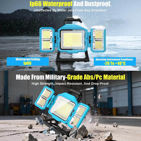 Solar Powered 52000 Lumen LED Work Light With 600W Main And Side Lights Foldable 52000mAh Rechargeable 3 Modes