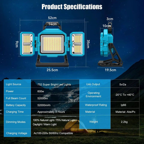 Product specifications for Solar Powered 52000 Lumen LED Work Light With 600W Main And Side Lights Foldable 52000mAh Rechargeable 3 Modes