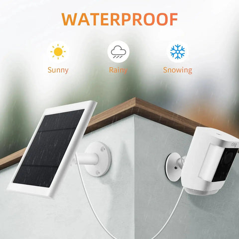 Installed 2 Pack 4W Solar Panel Charger For Outdoor Security Cameras Compatible With Stick Up Cam 2nd/3rd Gen And Spotlight Cam Plus Pro Battery, 10 Ft Cable With USB C To Barrel Plug Adapter, Waterproof And Easy Installation, showing waterproof feature on a rooftop corner in various weather conditions.