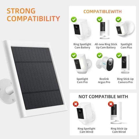 2 Pack 4W Solar Panel Charger For Outdoor Security Cameras Compatible With Stick Up Cam 2nd/3rd Gen And Spotlight Cam Plus Pro Battery, easy installation with compatibility chart highlighting devices.