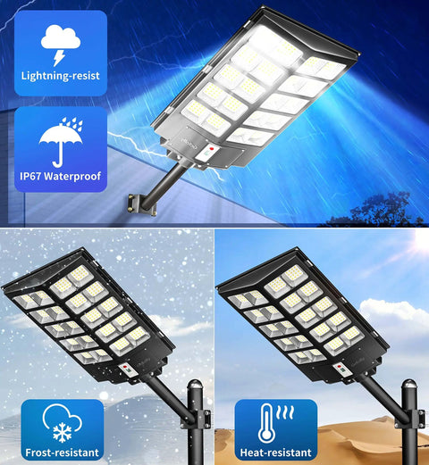 Solar Street Light Dusk To Dawn 6500K Daylight White Flood Light with IP67 waterproof features, 320 LED beads, shown in various weather conditions.