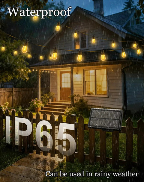 Solar Outdoor String Lights 50 Feet Waterproof LED Edison S14 Bulbs illuminated at night with a solar panel in the rain in a backyard.