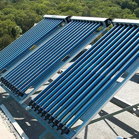 Blue evacuated-tube solar collector array on a metal frame, rooftop installation for solar hot water.