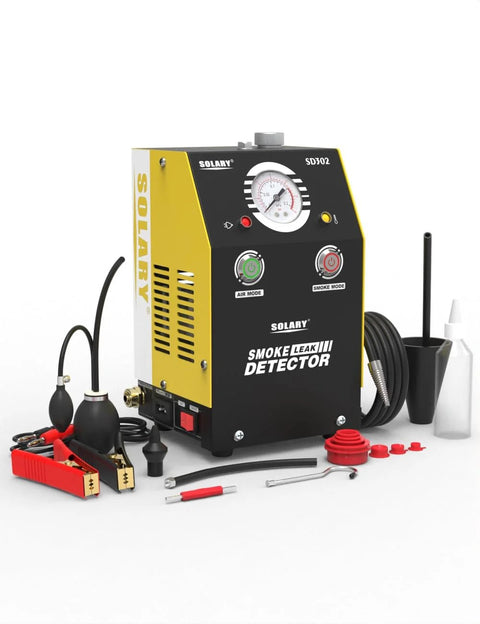 Solary automotive smoke tester for car, yellow and black unit with gauge and hoses.