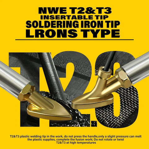 Close-up of new T2 & T3 insertable soldering iron tips against yellow background, promoting durability and precision.