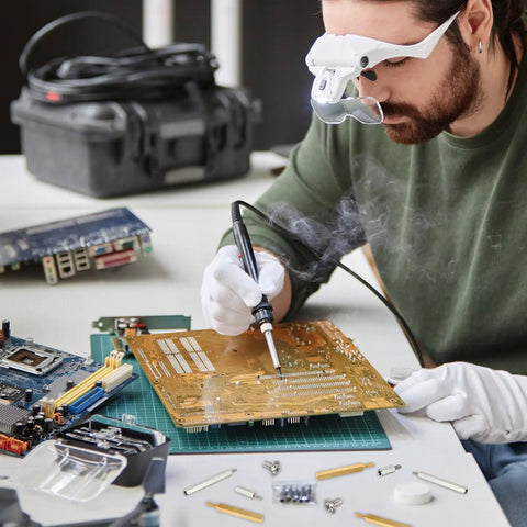 Technician soldering a motherboard using Brass M3 Hex Standoffs 12 Pack For Motherboard With 6mm Male To Female Studs And Copper Spacers Pillars 14mm Total Length Includes M3 X 6mm Screws Durable Copper Construction For Solid PC Build.
