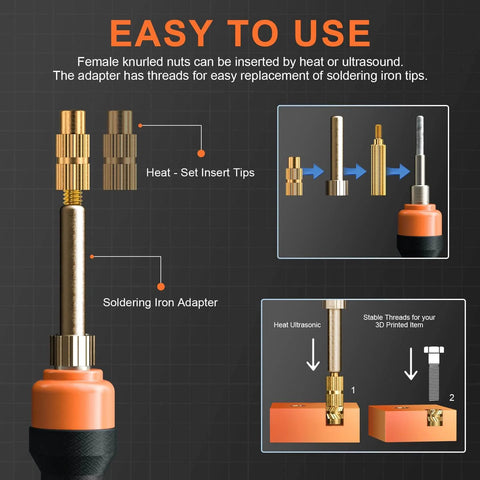 Diagram of 440PCS Threaded Inserts Set with Soldering Tip & Adapter showing heat-set insert tips and soldering iron adapter instructions.