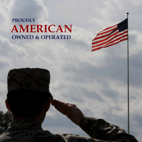 Silhouette of a soldier saluting the American flag with text 'Proudly American Owned & Operated' in the background.