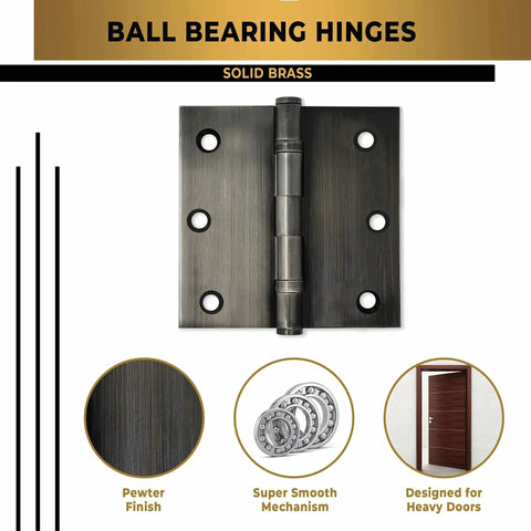 Brass Ball Bearing Door Hinges 3.5 x 3.5 Inches Solid Brass Heavy Duty Architectural Mortise Hinges in Pewter Finish for Heavy Doors