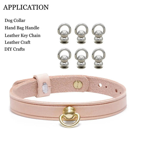 Solid Brass Ball Studs 6 Pack 360 Degree Rotating Leather Rivets With D Ring And Chicago Screw Back displayed with dog collar