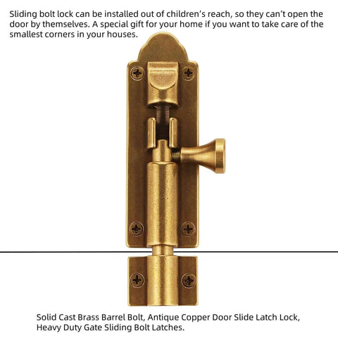 Solid Cast Brass Barrel Bolt For Doors And Gates, Antique Brass Sliding Latch Lock, front view with secure locking mechanism.