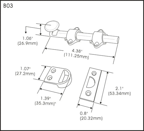 Diagram of Solid Brass Dutch Door Bolt, 4 Inch, Antique Brass, Mounting Hardware Included, showing dimensions and components.