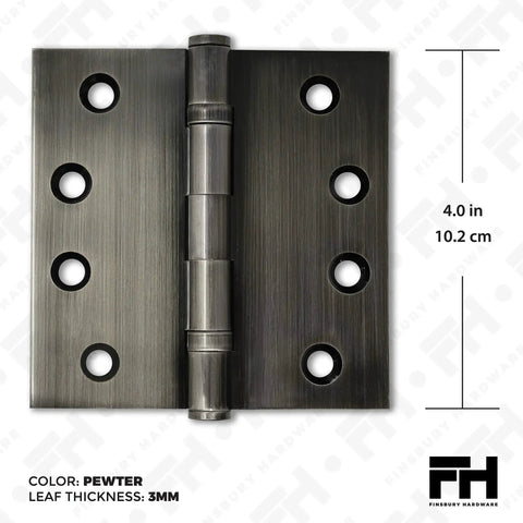 Solid Brass Door Hinge With Ball Bearing Mechanism Polished Pewter Finish, 4x4 Inch, Heavy Duty, showing front view detailing holes and hinge.