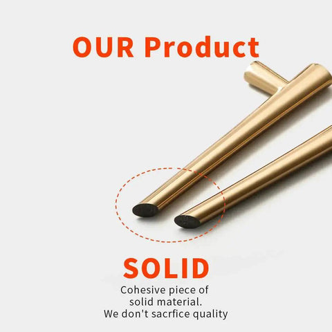 Close-up of modern 5 pack round polished brass kitchen drawer knobs, bright gold cabinet pulls with solid construction.
