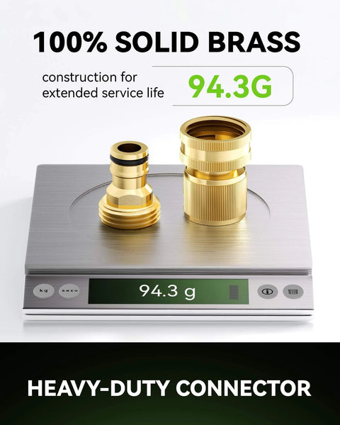 Solid Brass Garden Hose Quick Connect Fittings on scale showing weight of 94.3g, highlighting heavy-duty solid brass construction.