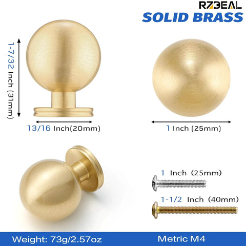 One Inch Gold Ball Cabinet Knobs Set Crafted From Solid Brass With Hand Brushed Finish, featuring dimensions and weight details