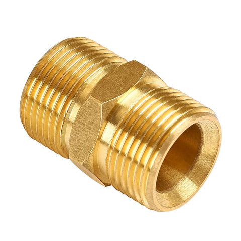 Solid brass double male hose connector for pressure washers, M22-14mm threads.