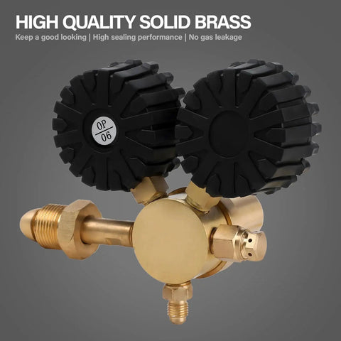 Close-up of Pro Nitrogen Regulator With 0 To 800 PSI Delivery Pressure, high-quality solid brass construction, featuring two black dials.